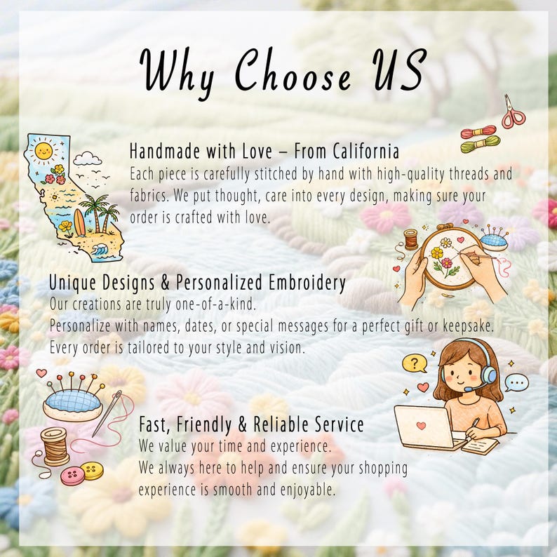 May include: An image with the text "Why Choose US" and illustrations. The text highlights handmade embroidery from California, unique designs, personalized options, and fast, friendly service. The image includes a map of California, embroidery tools, and a person using a laptop.