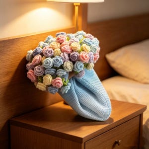 May include: A handmade crochet bouquet of pastel-colored roses, including pink, yellow, blue, and purple, held in a light blue knitted sleeve. The flowers are arranged in a dense cluster, creating a soft, textured appearance.