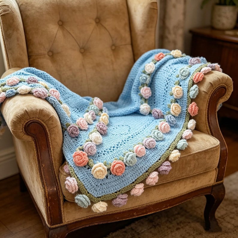 May include: A light blue crocheted blanket with a floral rose design draped over a tan armchair. The blanket features a border of colorful, three-dimensional roses in shades of pink, peach, and cream. The blanket is a cozy home decor item.