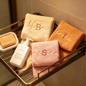 May include: A bathroom shelf holds three embroidered washcloths in peach, orange, and pink, each with a different initial. A white soap dispenser and a bar of soap are also on the shelf.