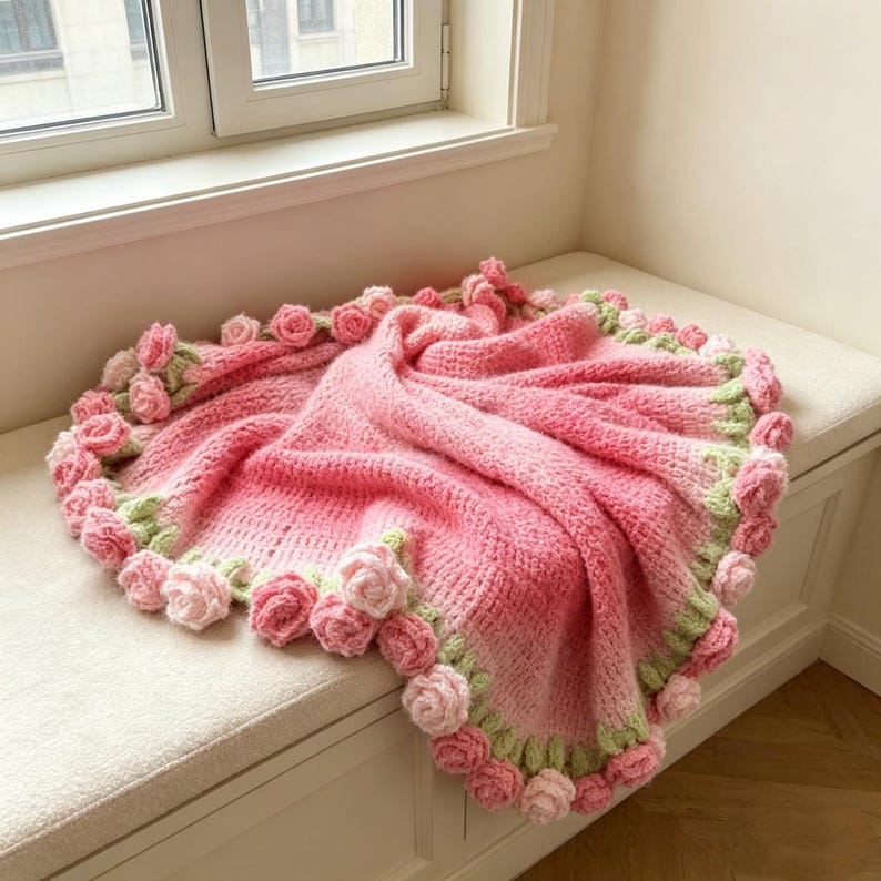 May include: A pink crocheted blanket with a rose border. The blanket is a gradient of pink hues, with a border of pink roses and green leaves. The blanket is draped over a white bench near a window.