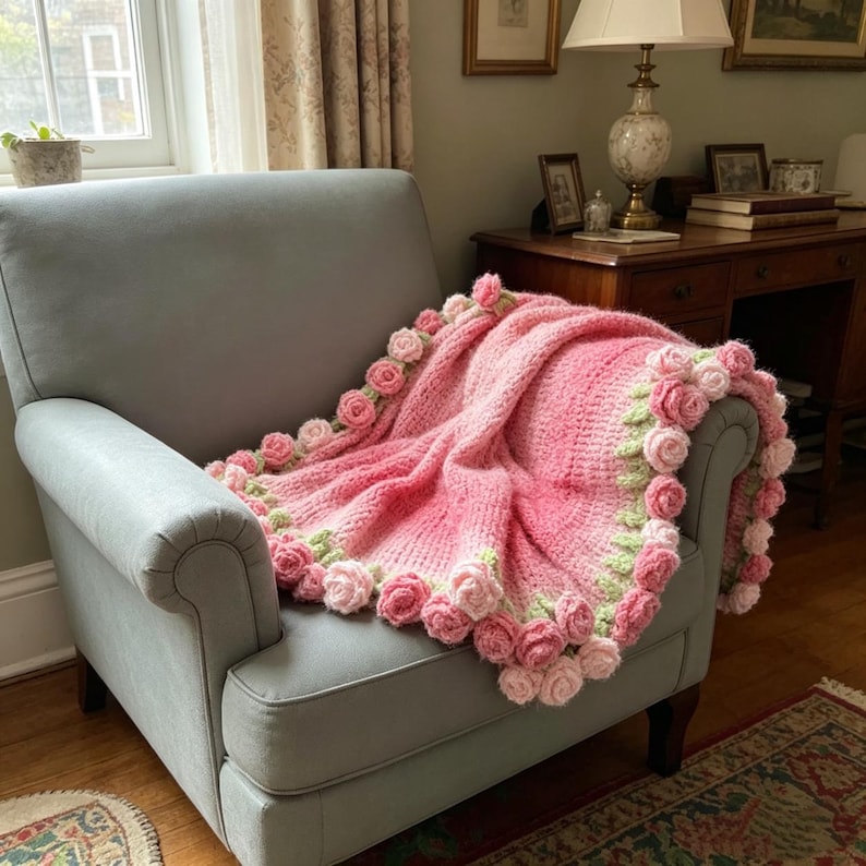 May include: A pink and rose-colored crocheted blanket with a rose border draped over a gray armchair. The blanket features a gradient of pink hues and is adorned with three-dimensional rose embellishments in shades of pink and green.