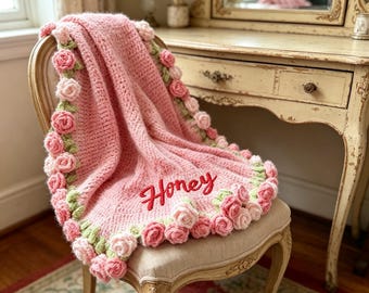 Custom Name Bouquet Blanket, Personalized Crochet Rose Throw, Floral Blanket Gift, Handmade Romantic Gift, Anniversary Gift for Her
