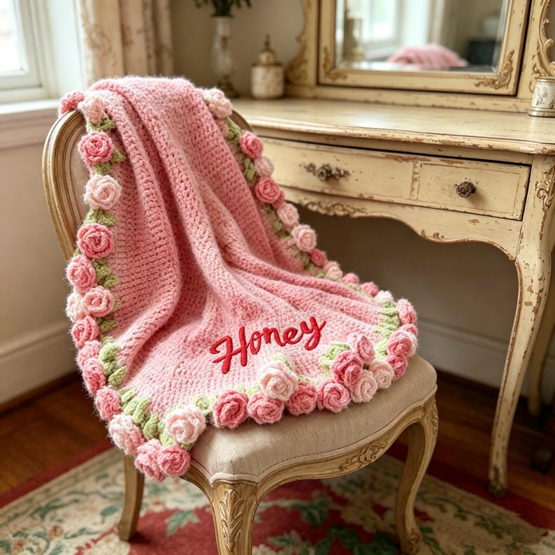May include: A pink crocheted blanket with a floral rose border and the embroidered word "Honey" in red. The blanket is draped over a vintage chair, showcasing the intricate rose detailing and soft texture.
