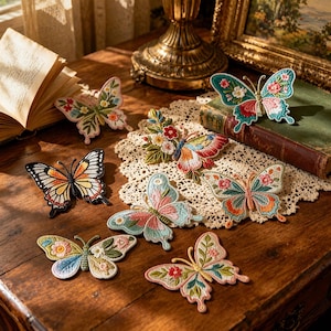 Può includere: Una collezione di toppe a farfalla ricamate in vari colori, tra cui arancione, blu, rosa e verde. Ogni toppa presenta dettagliati disegni floreali e cuciture intricate, perfette per aggiungere un tocco decorativo a vestiti o accessori.