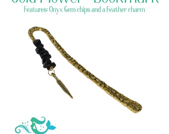 Gold Metal Flower Feather Charm Bookmark with Onyx gem chips for Book Worms / Book Lovers Gifts