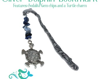 Silver Metal Dolphin Turtle Charm Bookmark with Sodalite gem chips for Book Worms / Book Lovers