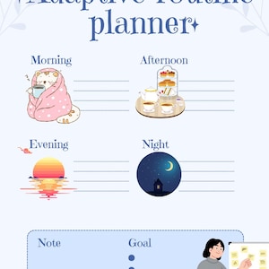 Könnte beinhalten: Ein hellblauer Planer mit dem Titel "Adaptive routine planner" mit Illustrationen für Morgen, Nachmittag, Abend und Nacht. Der Planer enthält einen Notiz- und Zielbereich und ist mit "By: Elvoria Digitals" signiert.