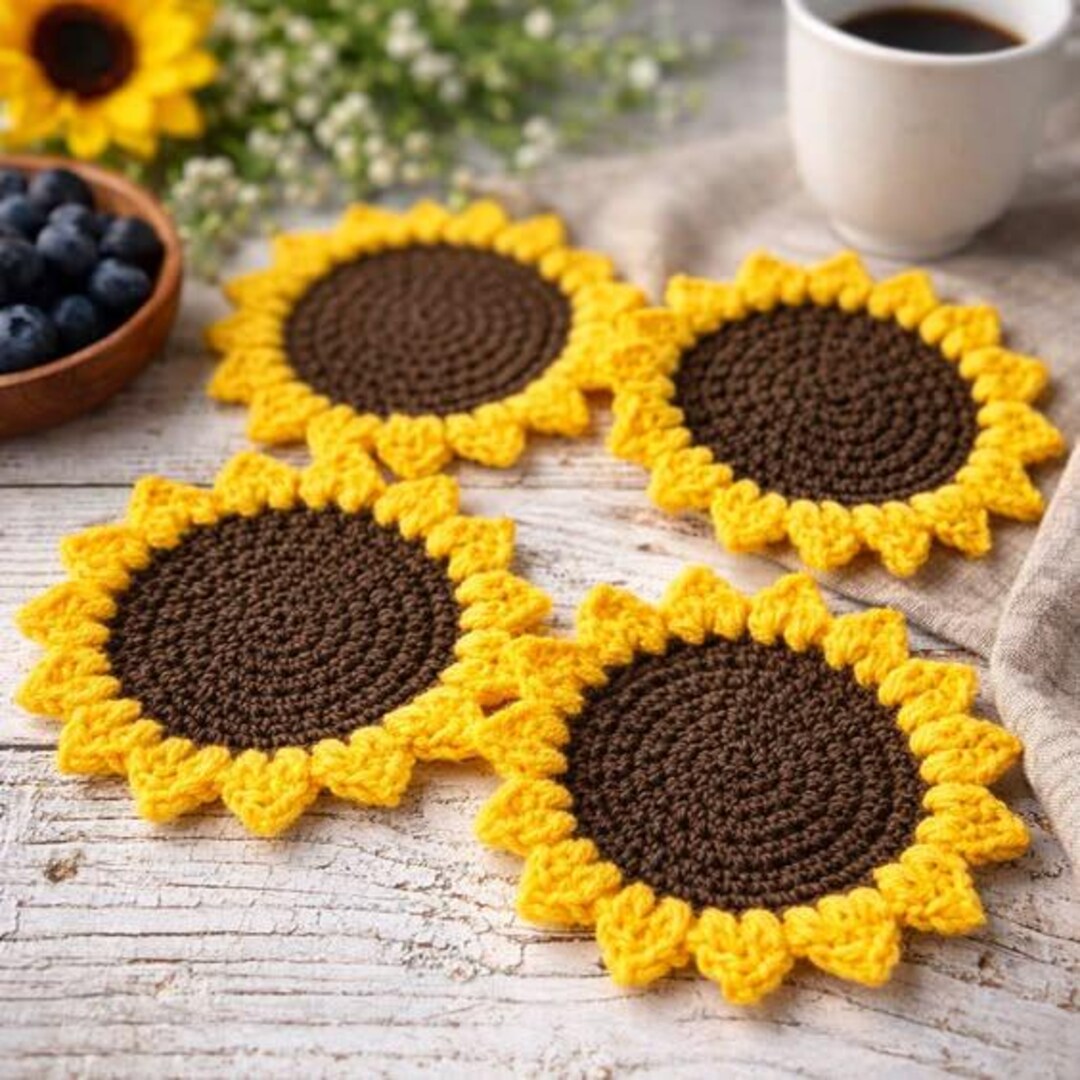 Sunflower Coaster Crochet Pattern PDF, Floral Drink Mat Tutorial ...