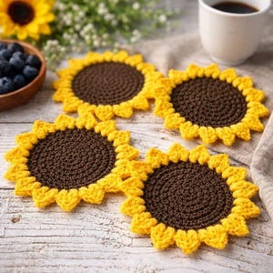 Sunflower Coaster Crochet Pattern PDF, Floral Drink Mat Tutorial, Simple Project for Beginners