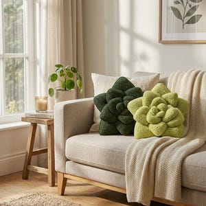 May include: A beige sofa with two decorative succulent-shaped pillows in shades of green. A beige throw blanket is draped over the sofa. A small wooden side table holds a candle and a potted plant. A framed botanical print hangs on the wall.