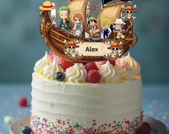 Décoration de gâteau d'anniversaire pirate personnalisée - Nom et âge personnalisés, décoration de fête bateau pirate au trésor