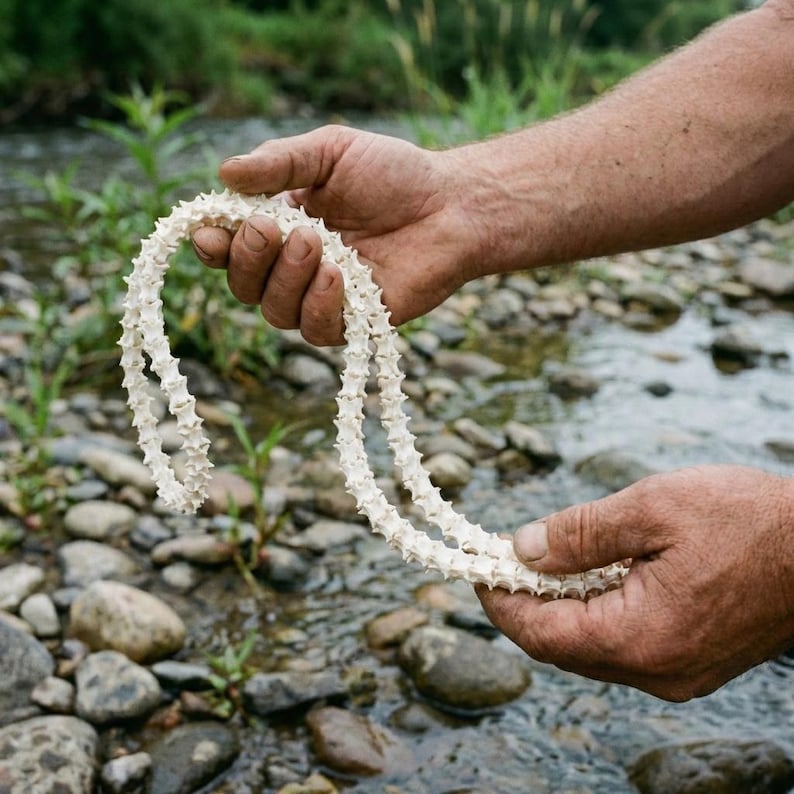 Op de afbeelding: Een wit, gesegmenteerd object, mogelijk een wervelkolom, wordt door twee handen vastgehouden. Het object is gebogen en heeft een reeks kleine, puntige uitsteeksels langs de lengte. De achtergrond toont een beek met rotsen en groene vegetatie.