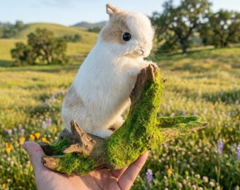 Conejo enano disecado sobre madera musgosa - Colección de arte animal natural / Decoración estilo Dark Academia / Regalo gótico único para coleccionistas