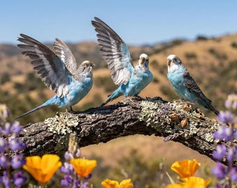 Taxidermia ética de periquito azul - Conjunto de ejemplares reales de periquito / Múltiples estilos y poses