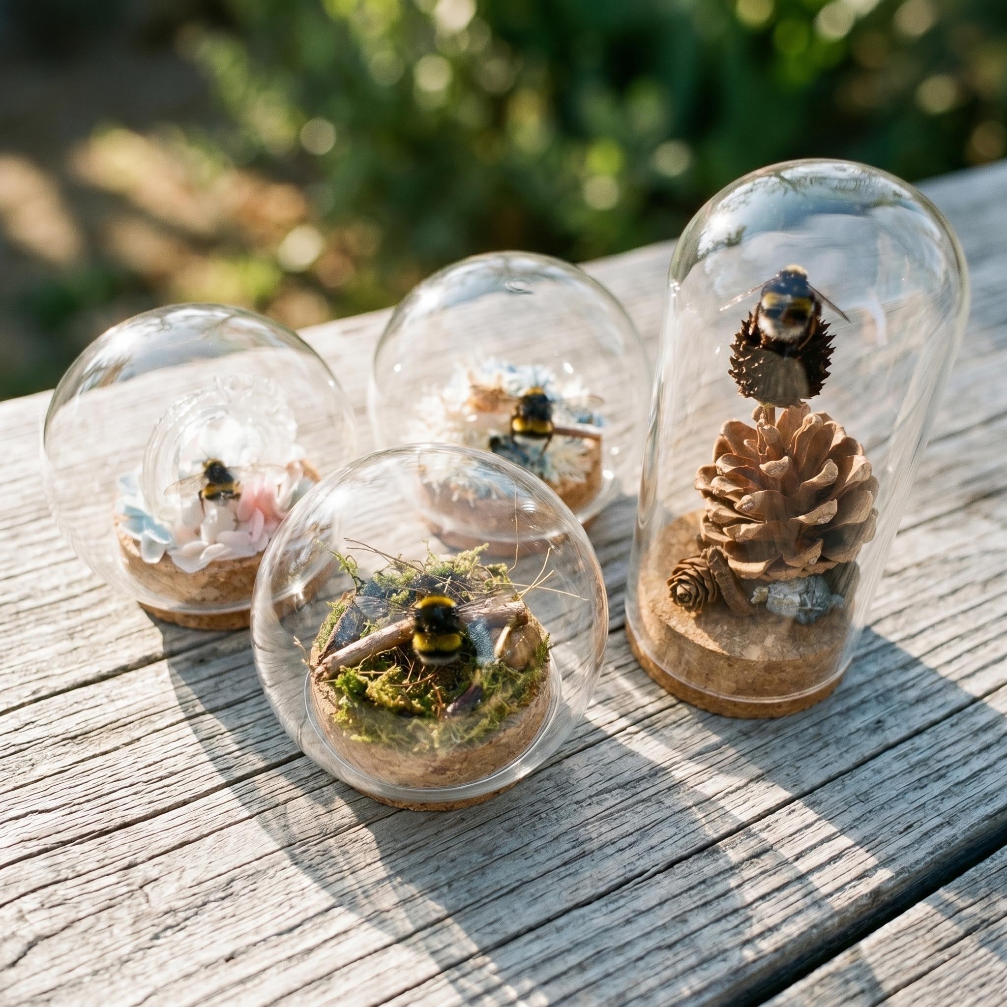 Real Bumblebee Glass Cloche - Sphere & Cylinder With Cork Base | Miniature Insect Decor