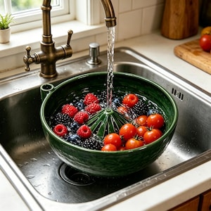 Ceramic Swirling Berry Washing Bowl with Drain Holes, Multipurpose Kitchen Fruit Washer