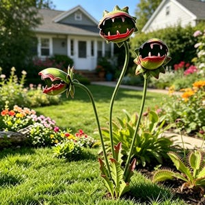 May include: Three metal Venus flytrap garden sculptures with open mouths and jagged teeth. The sculptures have green and red coloring and are placed in a grassy yard with flowers and a house in the background.