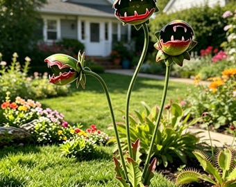 Whimsical Metal Flytrap Garden Stake, Large Carnivorous Plant Sculpture, Durable Yard Art