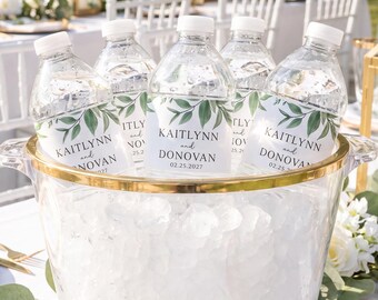 Waterproof Wedding Water Bottle Labels - Elegant Greenery Stickers, Sage Green Bottled Water Wraps