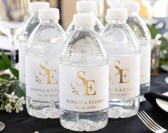 Wedding Monogram Water Bottle Labels, Gold Metallic Foil Printed Bottled Water Wraps