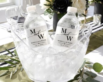 Waterproof Wedding Water Bottle Labels - Elegant Monogram Black Tie Bottled Water Stickers
