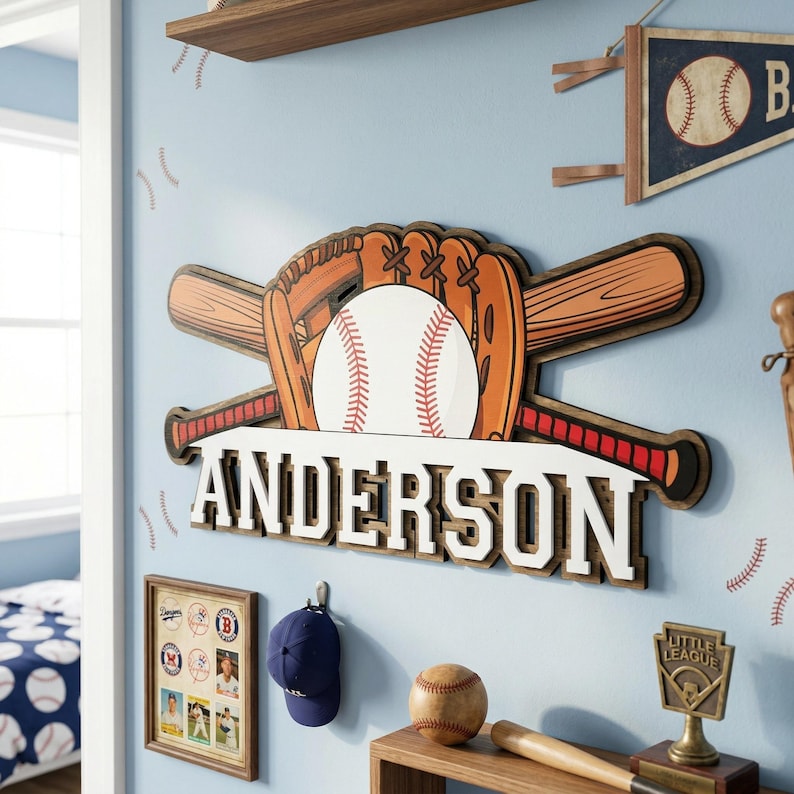 Baseball Themed Kids Name Sign, Baby Nursery Sports Plaque, Wooden ...