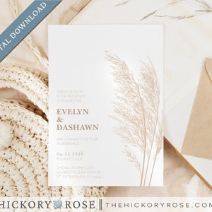 Printable Wedding Invitation, Pampas Grass Invitation Template, INSTANT DOWNLOAD Wedding Invitations, Beach Invite Templates | #wdi-404