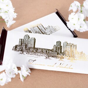 Boston Wedding Stickers HAND DRAWN Wedding Metallic Candy Bar Wrappers 25 Metallic Foil Chocolate Bar Wraps Wedding Candy Labels image 1