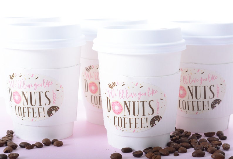 Baby Shower Cups Donut Baby Shower Coffee Cups Beverage Cups Hot Cocoa Cup Sets Gender Reveal Coffee Cups & Labels bsCF-58 image 1