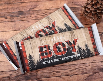 Lumberjack Candy Bar Wrappers, 25 Baby Shower Chocolate Bar Wraps, Woodland Baby Shower Candy Stickers #bsiHB-95