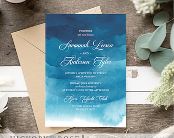 Watercolor Wedding Invitations, Blue Wedding Invitations, PRINTED Wedding Invite Cards, Custom Wedding Invites, Personalized Invitations