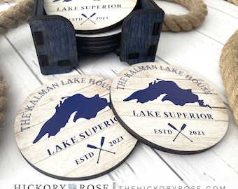 Custom Coaster Set, Coaster Gift Set, Lake Themed Wood Coasters, Laser Cut Wood Coaster Set, Lake House Decor, Custom Lake House Gifts