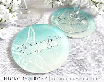 Beach Wedding Coasters, Beach Wedding Decor, Clear Acrylic Coasters, Plastic Wedding Coasters, Customized Wedding Keepsakes, Starfish Favors