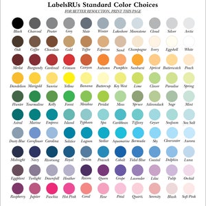 May include: A chart of 100 color swatches with names for each color. The colors are arranged in rows and columns, with the names of the colors listed below each swatch.