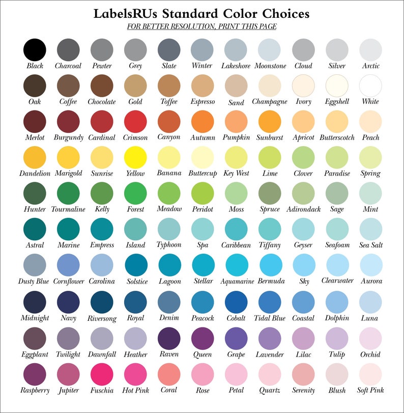 May include: A chart of 100 color swatches with names for each color. The colors are arranged in rows and columns, with the names of the colors listed below each swatch.
