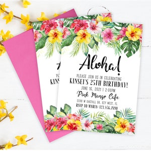 Hawaiian Birthday Invitations, Hawaiian Luau Invitation, Custom Birthday Invite, Printed Invitations, Tropical Birthday Theme, Hibiscus