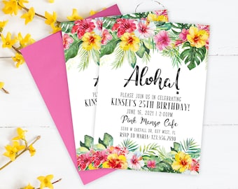 Hawaiian Birthday Invitations, Hawaiian Luau Invitation, Custom Birthday Invite, Printed Invitations, Tropical Birthday Theme, Hibiscus