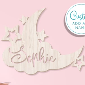 Nursery Wall Sign, Crescent Moon Wall Decor, Kids Name Sign, Wood Name Sign, Kids Room Decor, Personalized Name Sign, Moon & Stars Room Art