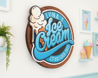 Custom Ice Cream Logo Sign, Business Storefront Signage, 3D Wooden Brand Sign, Hanging Ice Cream Shop Sign, Laser Cut Logo Store Sign