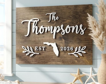 Custom Florida Family Home Sign, Wooden 3D Last Name Sign, FL State Wall Decor