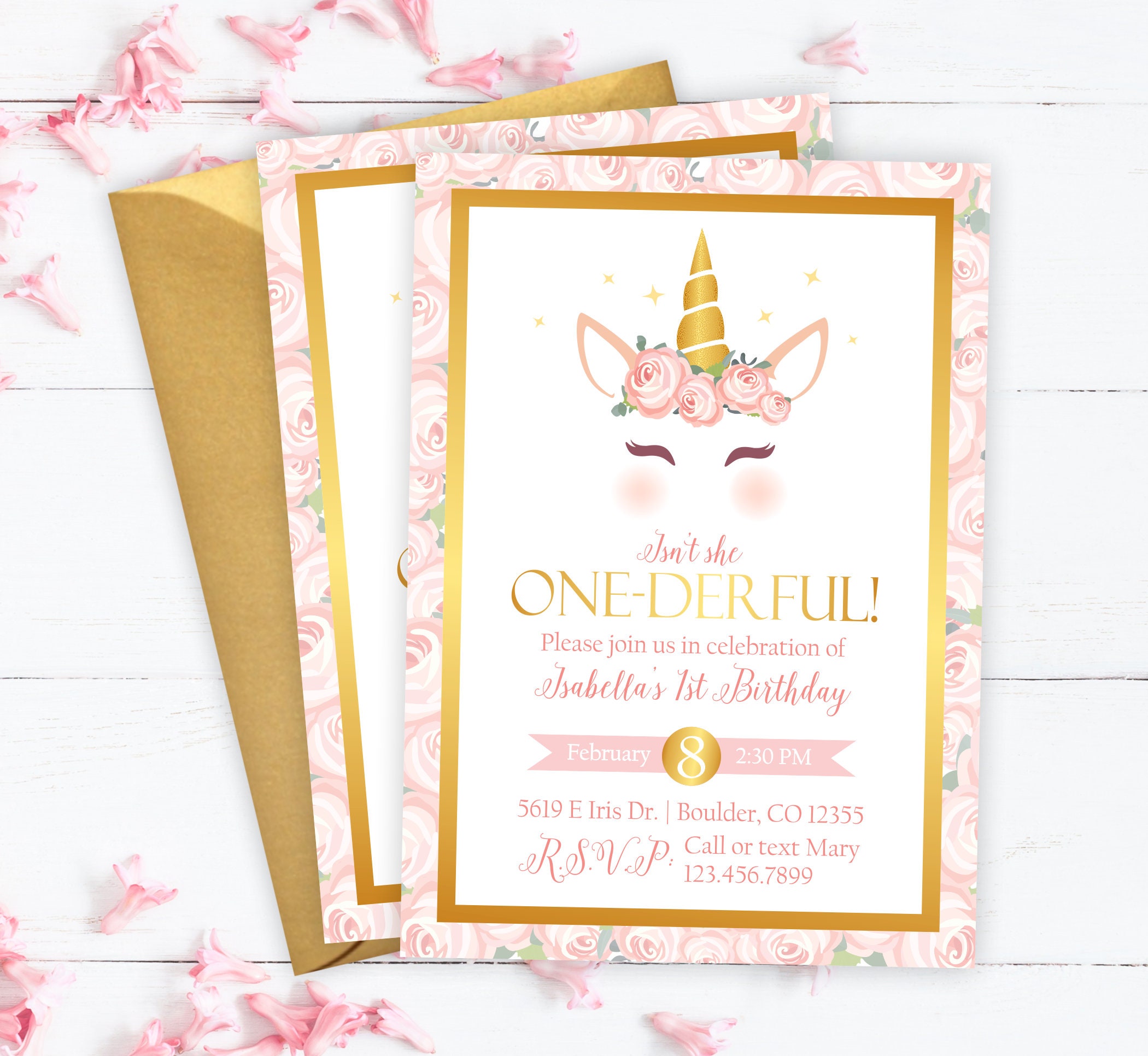 Age Personalized Unicorn Birthday Invitation Unicorn Invitations Info and Envelope Color Birthday Invites for Girls Your choice of Quantity