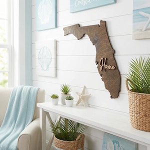 Florida Themed Home Decor Gift, FL State Shaped Wooden Cutout, Wood Florida Wall Signs