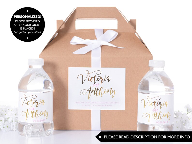 METALLIC FOIL Wedding Favor Boxes Wedding Gift Box Sets with Water Bottle Labels Hotel Welcome Boxes Shiny Stickers wdiG-269 image 1