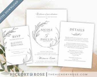 INSTANT DOWNLOAD Invitation Suite, Editable Card Template, Elegant Wedding Invite Set Template, Printable Invitation Templates | #wdi-396