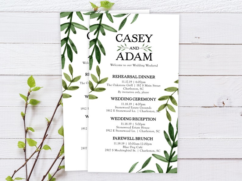 Wedding Itineraries Wedding Schedule Cards Greenery Welcome Cards Custom Wedding Itinerary Card Printed Wedding Schedule wdiS-224 image 1