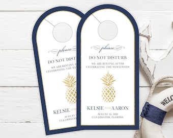 Pineapple Wedding Door Hangers, Wedding Do Not Disturb Sign, Tropical Wedding Hotel Door Hanger #dhrI-288