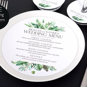 Round Wedding Menus - Wedding Plate Menus - FREE Matching Wine Stem Tags - 6.5&quot; Tropical Leaf Wedding Menu - Wedding Dinner Menu - #wdiM-320