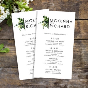 Greenery Wedding Itinerary Card, Wedding Schedule of Events, Printed Wedding Schedules, Green Leaves #wdiS-360