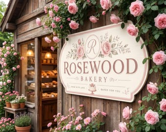 Op de afbeelding: Een rechthoekig bord met afgeronde hoeken met de tekst ROSEWOOD BAKERY, een letter R in een cirkel en de zin MADE WITH LOVE BAKED FOR YOU met een kleine taartillustratie, omringd door klimmende roze rozen op een houten muur.